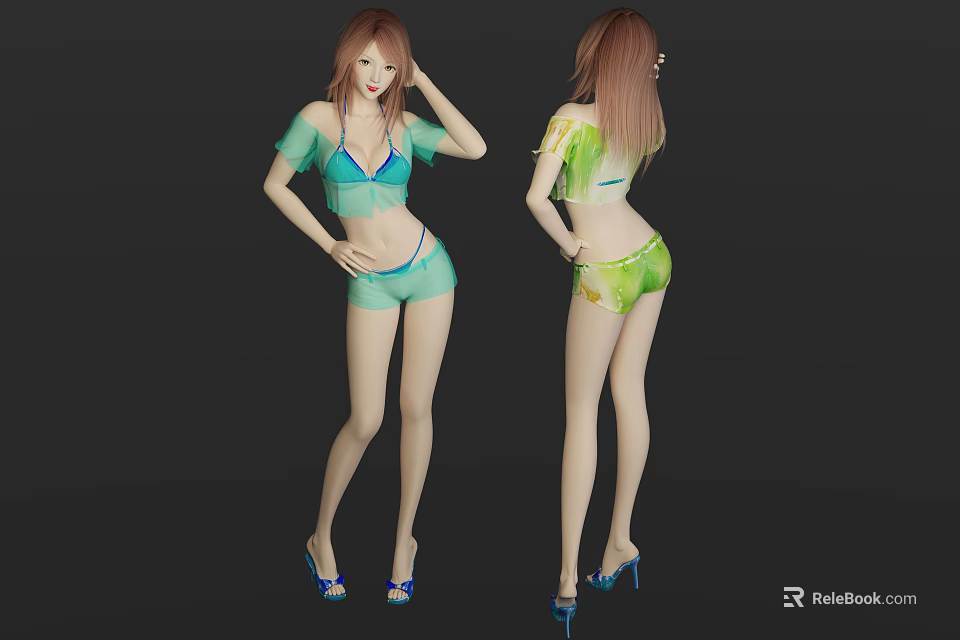 Woman In Green Blue Short Sleeved Top And Shorts With High Heels Front Back Views 3d model 