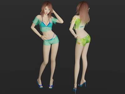 Woman In Green Blue Short Sleeved Top And Shorts With High Heels Front Back Views 3d model