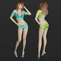 Woman In Green Blue Short Sleeved Top And Shorts With High Heels Front Back Views