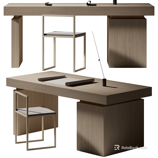 Modern Minimalist Office Desk With Oak Wood Top Metal Frame Chair And Drawer 3d model 