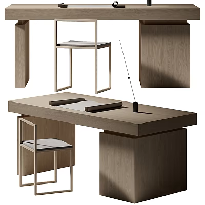 Modern Minimalist Office Desk With Oak Wood Top Metal Frame Chair And Drawer 3d model