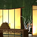 Chinese Traditional Decorative Screens with Calligraphy and Landscape Patterns on Green Background
