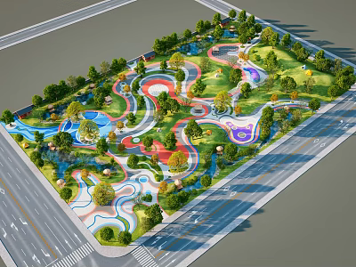 Park Landscape Surrounded By Roads With Lush Green Trees Winding Paths And Colorful Areas 3d model