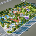 Park Landscape Surrounded By Roads With Lush Green Trees Winding Paths And Colorful Areas