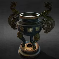 Classical Ceramic Vessel With Dragon Motifs Blue And Gold Three Legged Base
