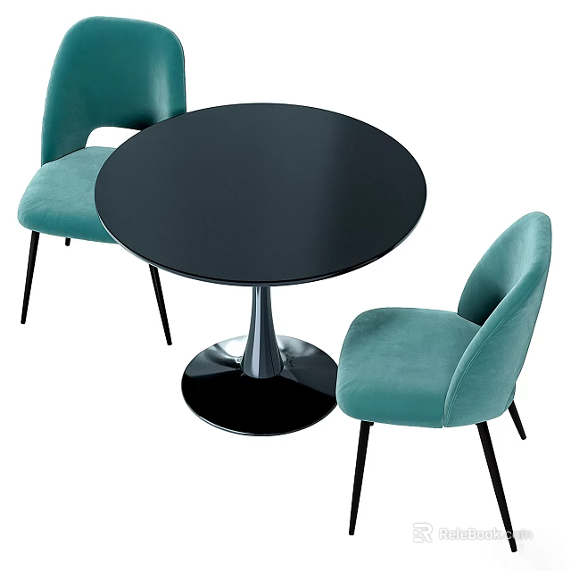 Modern Dining Table Set With Black Round Table And Teal Upholstered Chairs 3d model