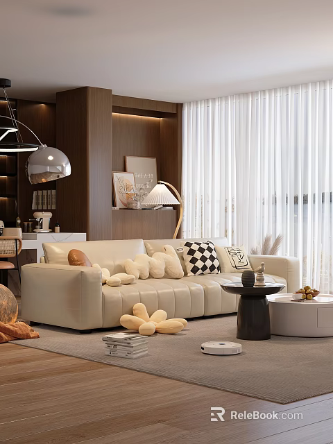 Modern Living Room Interior Design With Beige Sofa Throw Pillows Floor Lamp And White Curtains 3d model 