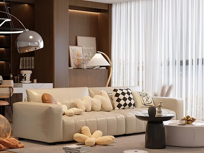 Modern Living Room Interior Design With Beige Sofa Throw Pillows Floor Lamp And White Curtains 3d model