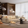 Modern Living Room Interior Design With Beige Sofa Throw Pillows Floor Lamp And White Curtains