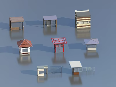Various Miniature Building Models With Different Roof Styles And Structures Including Shadows 3d model