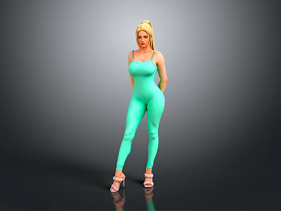Blonde Woman in Green Jumpsuit Standing with High Heels on Gray Background 3d model
