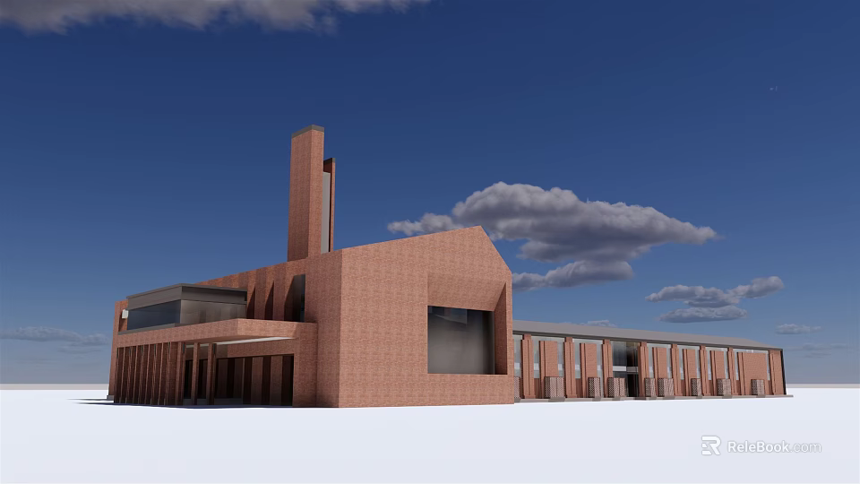 Red Brick Building With Tall Chimney Large Windows And Blue Sky Background 3d model