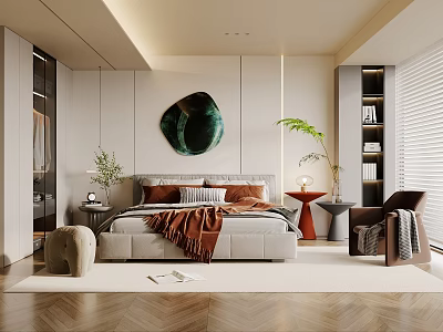 Modern Bedroom Interior Design With Green Circular Art Brown Blanket Green Plant And Wooden Floor 3d model