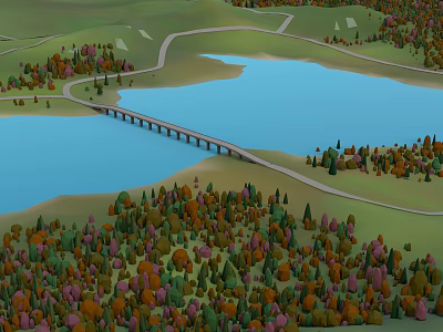 Scenic Natural Landscape With Lake Bridge Winding Path And Colorful Trees 3d model