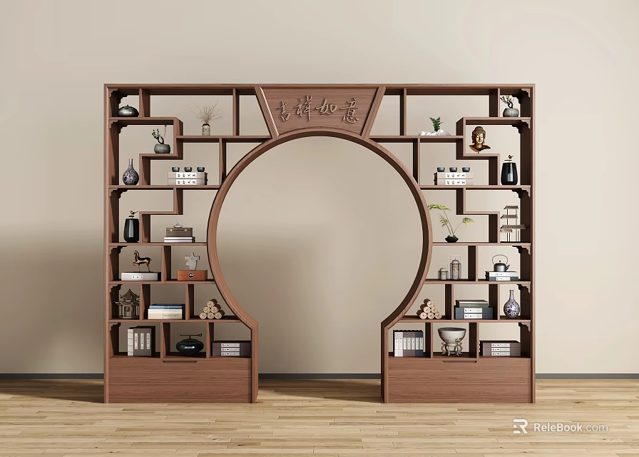 Chinese Antique Wooden Display Shelf With Circular Arch And Decorative Ornaments 3d model 