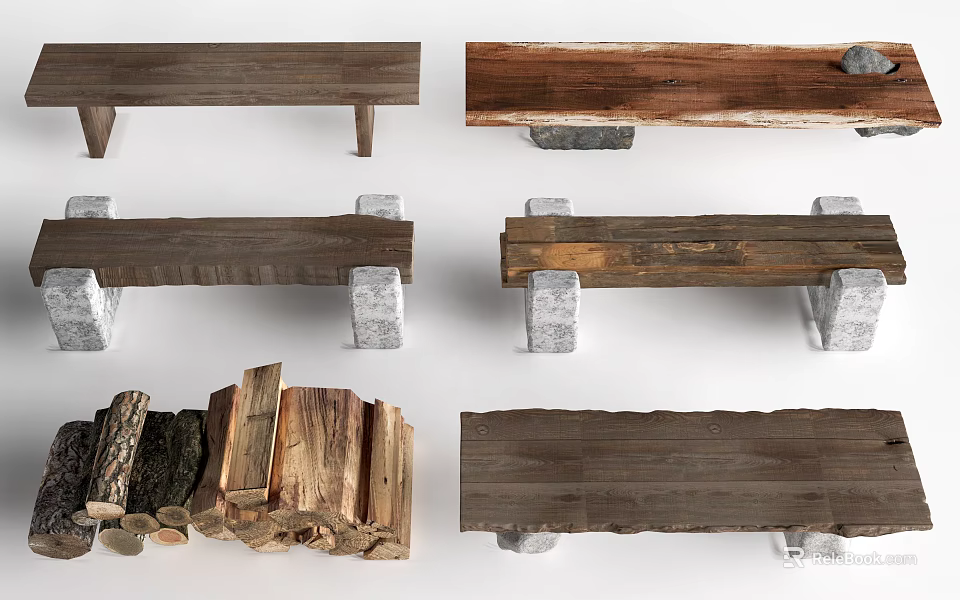 Various Handmade Wooden Benches With Natural Wood Texture And Stone Legs 3d model 