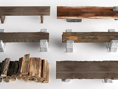 Various Handmade Wooden Benches With Natural Wood Texture And Stone Legs 3d model