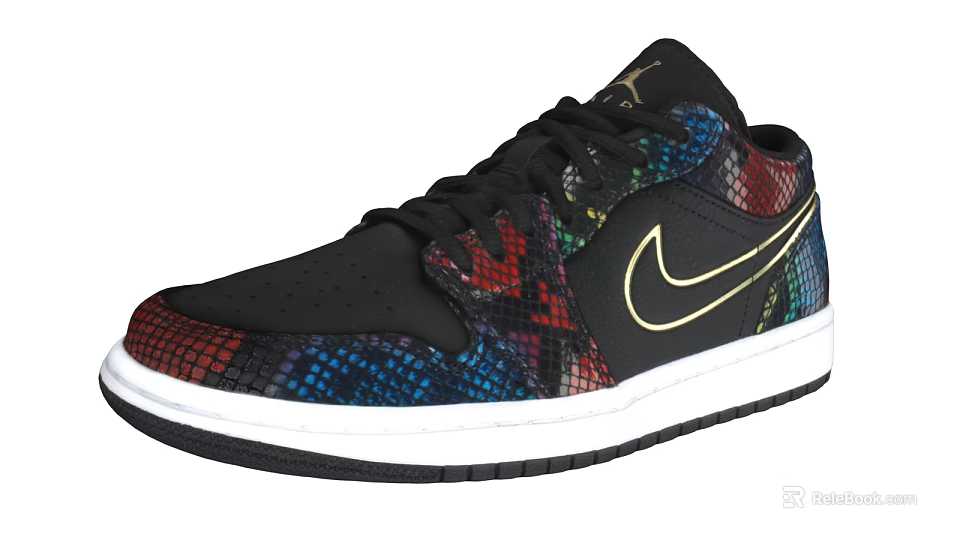 Nike Black Sneakers With Colorful Snake Skin Pattern And Gold Logo White Sole 3d model 