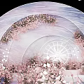 Elegant Banquet Hall With Hanging Circular Ornaments Purple Pink Flowers And Lighting