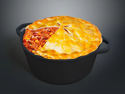 Chef Baking Delicious Meat Filled Pie With Golden Crust In Cast Iron Pot 3d model