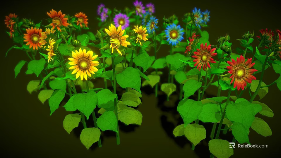 Vibrant Flower Plants With Colorful Blooms Including Yellow Purple Red And Green Leaves 3d model 