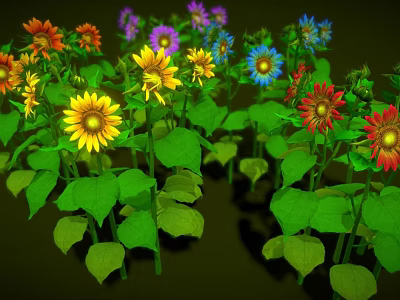 Vibrant Flower Plants With Colorful Blooms Including Yellow Purple Red And Green Leaves 3d model