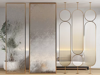 Modern Home Interior Featuring Decorative Glass And Metal Room Dividers With Textured Design 3d model