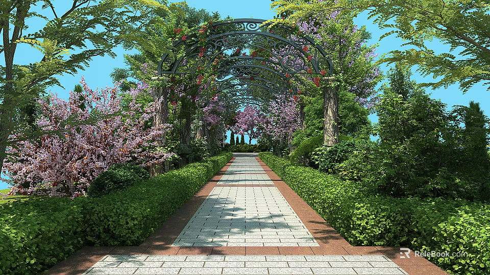 Beautiful Pergola With Green Trees Purple Flowers Hedges And Scenic Brick Path Under Blue Sky 3d model 