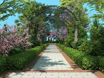 Beautiful Pergola With Green Trees Purple Flowers Hedges And Scenic Brick Path Under Blue Sky 3d model