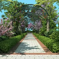 Beautiful Pergola With Green Trees Purple Flowers Hedges And Scenic Brick Path Under Blue Sky