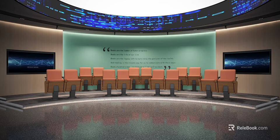 Circular Conference Room Design With Orange Chairs Light Green Backdrop And Blue Curved Screen 3d model 