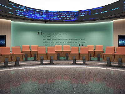 Circular Conference Room Design With Orange Chairs Light Green Backdrop And Blue Curved Screen 3d model