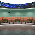 Circular Conference Room Design With Orange Chairs Light Green Backdrop And Blue Curved Screen