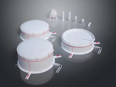 Large White Storage Tanks With Support Structures And Small Towers 3d model