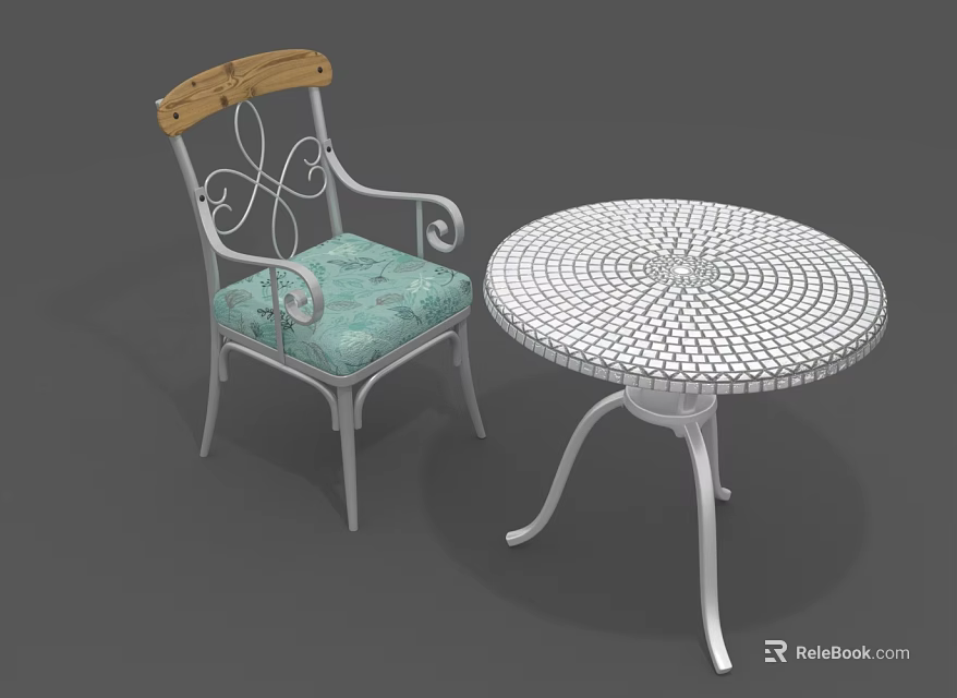 Modern Metal Frame Chair With Curved Armrests Wooden Backrest Turquoise Cushion And Round Mesh Table 3d model 