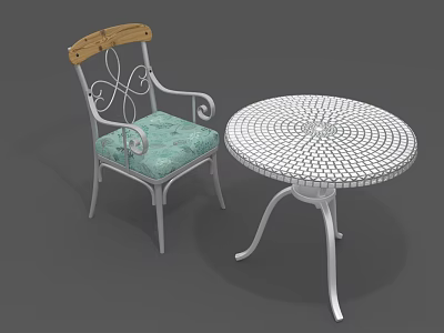 Modern Metal Frame Chair With Curved Armrests Wooden Backrest Turquoise Cushion And Round Mesh Table 3d model