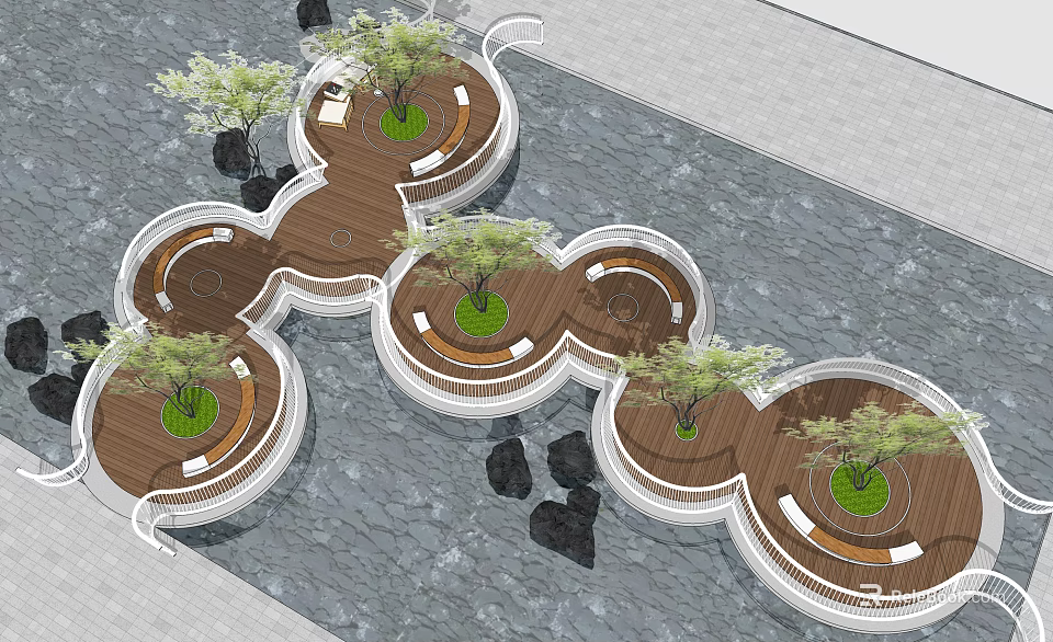 Roadside Facilities With Circular Wooden Platforms Central Trees Seating Areas And Stone Pavement 3d model 