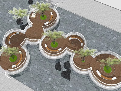 Roadside Facilities With Circular Wooden Platforms Central Trees Seating Areas And Stone Pavement 3d model