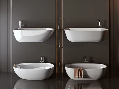 White Modern Bathtubs With Wall Mounted Faucets And Brown Towel In Dark Bathroom 3d model