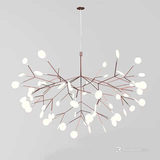 Modern Branch Like Chandelier With White Circular Elements And Metallic Branches 3d model