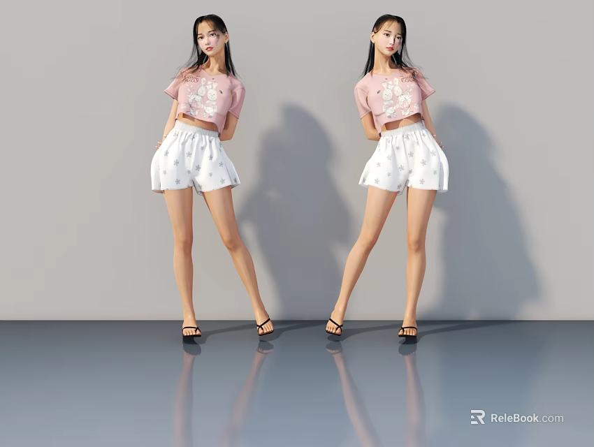 Two Women In Pink Tops And White Shorts Standing On Reflective Floor With Gray Background 3d model 
