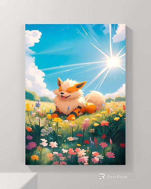 Abstract Painting Featuring Cheerful Fox in Colorful Flower Meadow with Blue Sky Sun and Clouds 3d model 