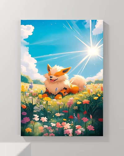 Abstract Painting Featuring Cheerful Fox in Colorful Flower Meadow with Blue Sky Sun and Clouds 3d model