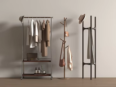 Modern Metal And Wooden Clothing Racks With Hanging Clothes Hats And Bags In Indoor Space 3d model