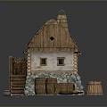 Traditional Rustic Cottage With Wooden Roof Stone Wall Base Wooden Stairs Chimney And Barrel
