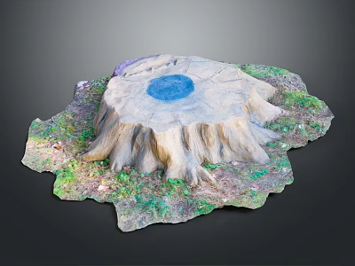 Wood Stone Tree Stump Decorative Piece With Blue Circular Top And Green Mossy Base 3d model