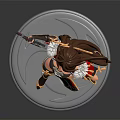 Horned Female Fantasy Warrior With Long Brown Hair Red Gold Outfit And Weapon On Pedestal