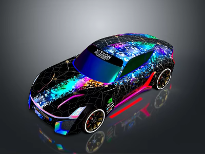 Black Sports Car with Colorful Neon Effects Intricate Patterns Illuminated Wheels and Dark Background Reflections 3d model