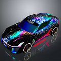 Black Sports Car with Colorful Neon Effects Intricate Patterns Illuminated Wheels and Dark Background Reflections