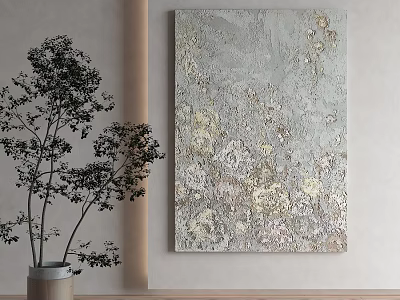 Textured Gray Floral Painting On Wall With Green Plant In Vase 3d model